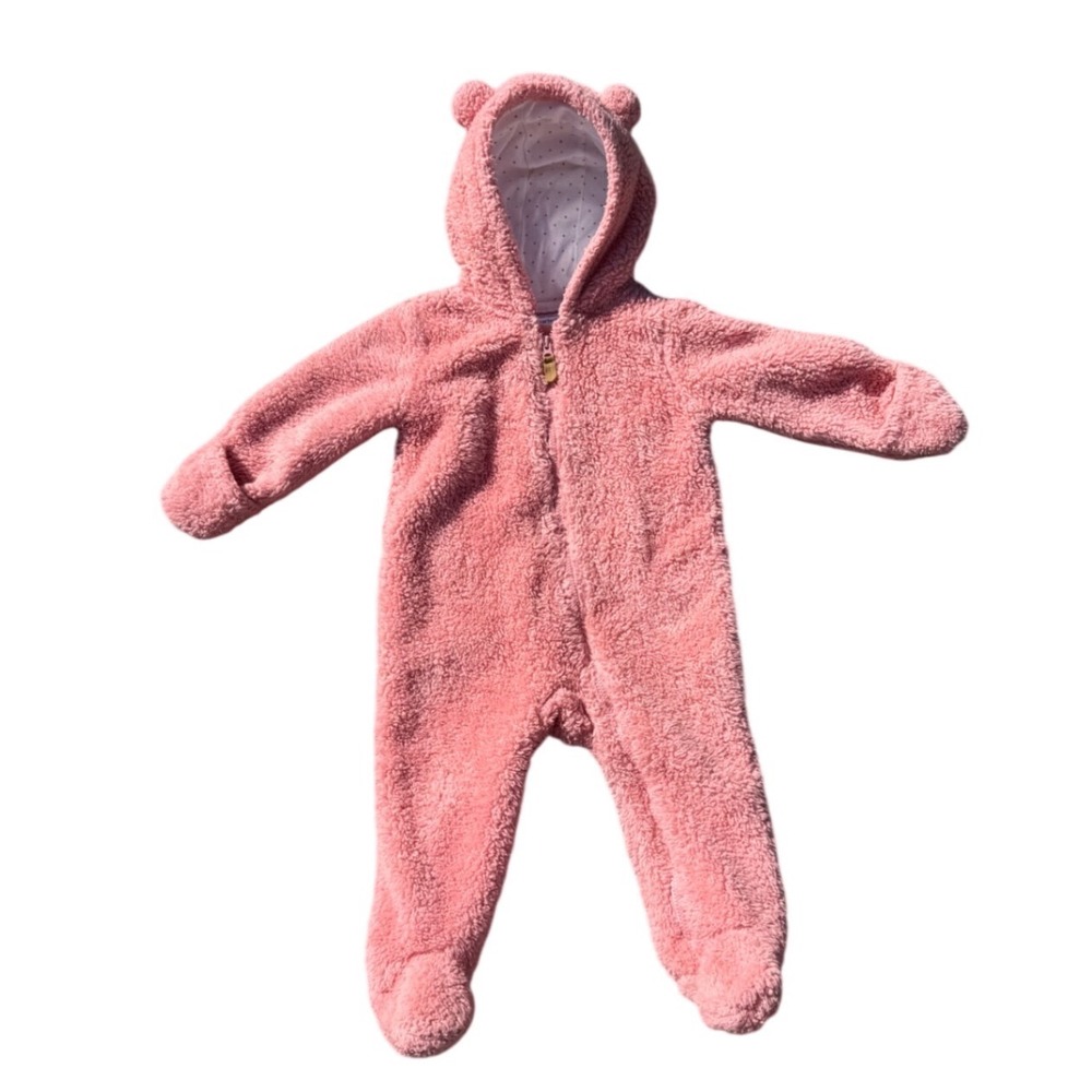 Carters Pink Sherpa Fleece Hooded Pram Jumpsuit Bear Ears 9 Months